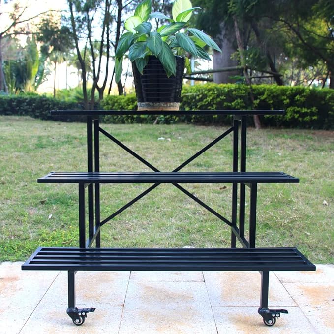 Zhongma 3 Tier Sturdy Metal Plant Stand with Wheels, L35.43 x W26 x H26 inch, Heavy Duty Plant Holder for Home Indoor and Outdoor, 660 LBS Capacity & Heavy Duty Construction Zhongma