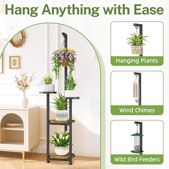 iDavosic.ly 4 Tier Hanging Plant Stand Indoor, Tall Vertical Corner Metal Flower Heavy Duty Pot Holder Shelf for Patio Porch Living Room, Modern Black & Rustic Brown - Round iDavosicly