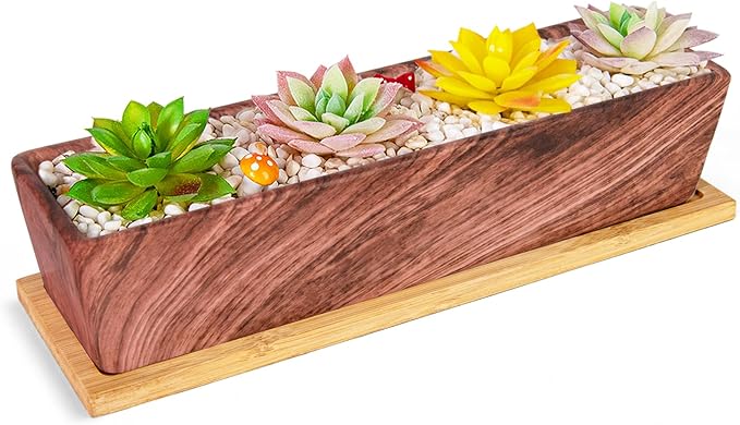 Succulent Pots - 12.1 Inch Large Succulent Pots with Drainage Tray, Window Sill Planter, Long Rectangle Ceramic Pots for Indoor Cactus/Succulent Plants Shallow Bonsai Window Box for Home Garden Decor ARTKETTY