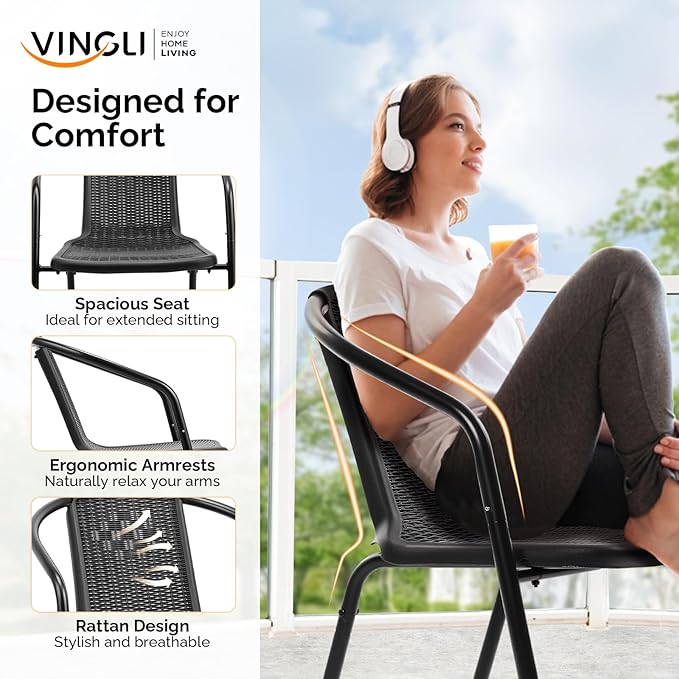 VINGLI PE Rattan Outdoor Dining Chairs Set of 2, Plastic Stackable Patio Chairs for Indoor, Porch, Restaurant, Garden, Black VINGLI