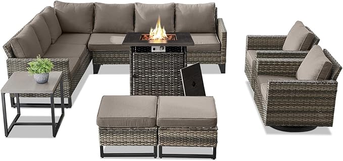 Belord Patio Sectional Furniture Set with Fire Pit Table: 8 Pieces Wicker Patio Conversation Set with L Shaped Sofa, Outdoor Swivel Glider Rocker, Rattan Ottomans, Removable Cushions Grey Belord