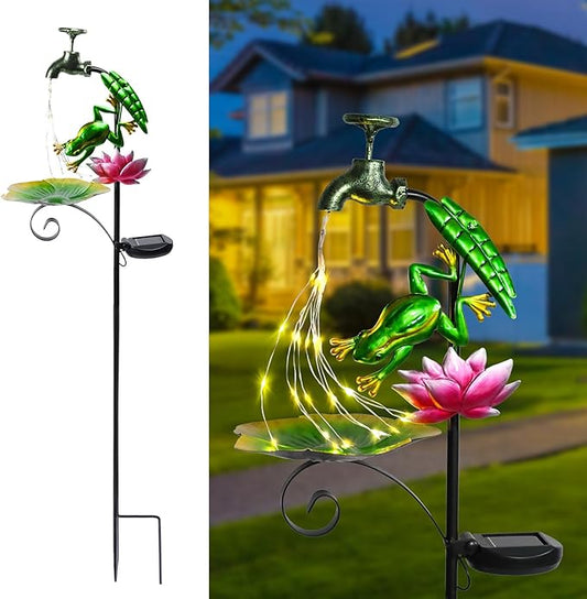 Solar Outdoor Lights Decorative Solar Frog Lights with Lotus Bird Feeder Faucet Shaped Lighted Garden Stake Decorations for Pathway Lawn Patio Courtyard Backyard Afirst