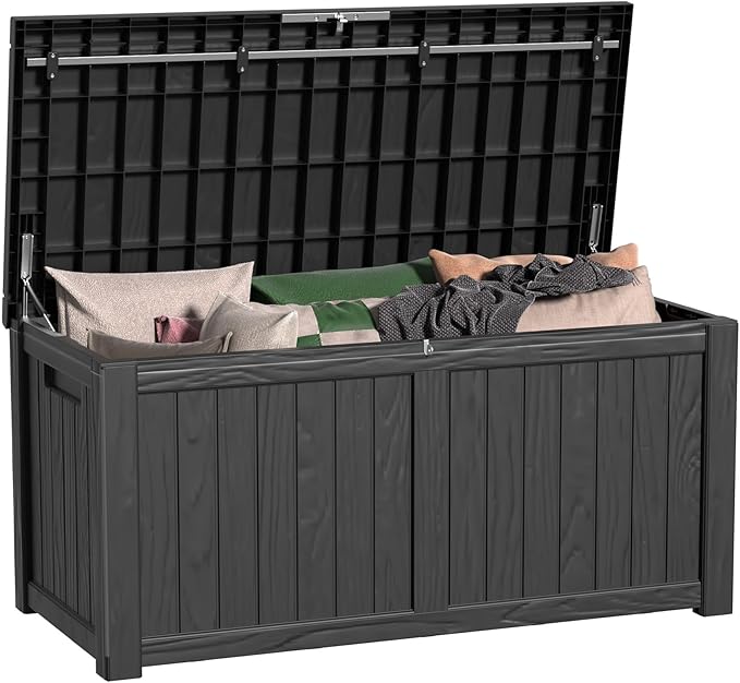 150 Gallon Outdoor Deck Box, Lockable Waterproof Outdoor Storage Boxes For Garden Tools,Indoor Cushions,Accessories Outside Storage Resin Weatherproof Container(Black) MAIUSCOLI