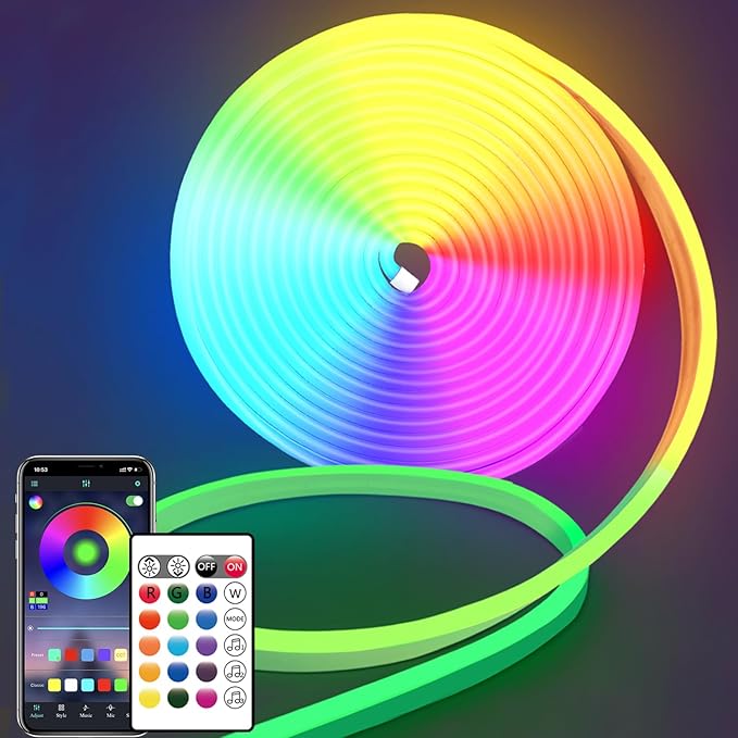 16.4FT DC24V RGB LED Neon Rope Lights with Remote/APP Control, Waterproof, Flexible, Multicolor, Modern Style for Bedroom, Room, Outdoors, Christmas Decor segrass