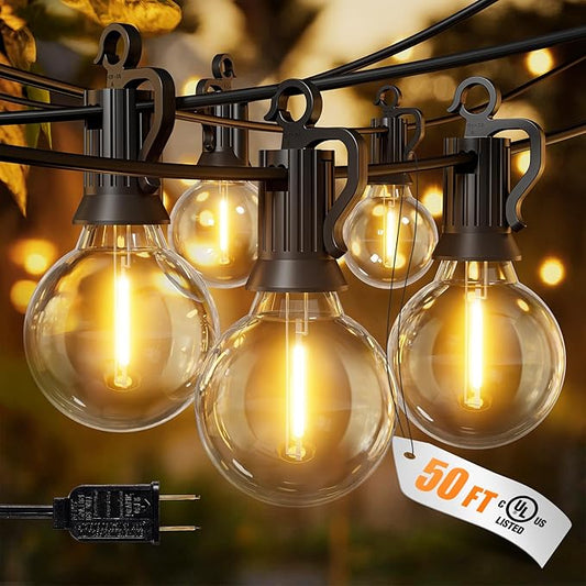Brightown Outdoor String Lights, 50FT 25 G40 Bulbs Shatterproof Patio Lights, IP65 Waterproof Dimmable Hanging Connectable Globe LED Outdoor Lights for Backyard, Bistro, Porch, Deck, Balcony Brightown