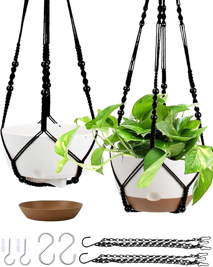 Hanging Planter Self Watering 10 Inch, 2 Pack Indoor Outdoor Hanging Baskets, Hanging Flower Pots with Drainage Hole & 2 Kinds of Plant Hangers for Garden Home Decor(Black Hanger Koalaime