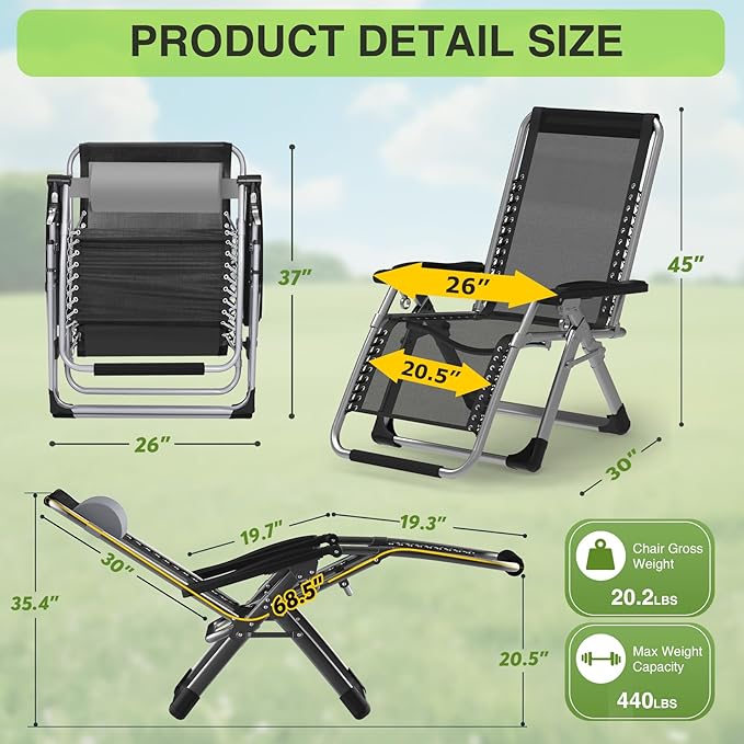 Suteck Zero Gravity Chair, Reclining Camping Lounge Chair w/Removable Cushion, Upgraded Lock and Cup Holder, Reclining Patio Chairs Folding Recliner for Indoor and Outdoor Suteck