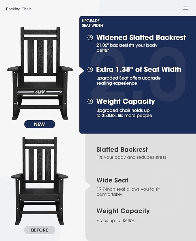 KINGYES Oversized Outdoor Rocking Chair, All-Weather Patio Rocking Chairs for Porch, HDPE Outdoor Patio Rockers with High Back & Wide Seat for Garden, Lawn, Black KINGYES