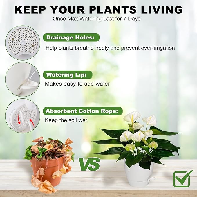 Plant Pots, 7/6.5/6/5.5/5 Inch Self Watering Planters, Pots for Indoor Plants with Drainage Hole for Succulents, African Violet (Matte White) Vanslogreen