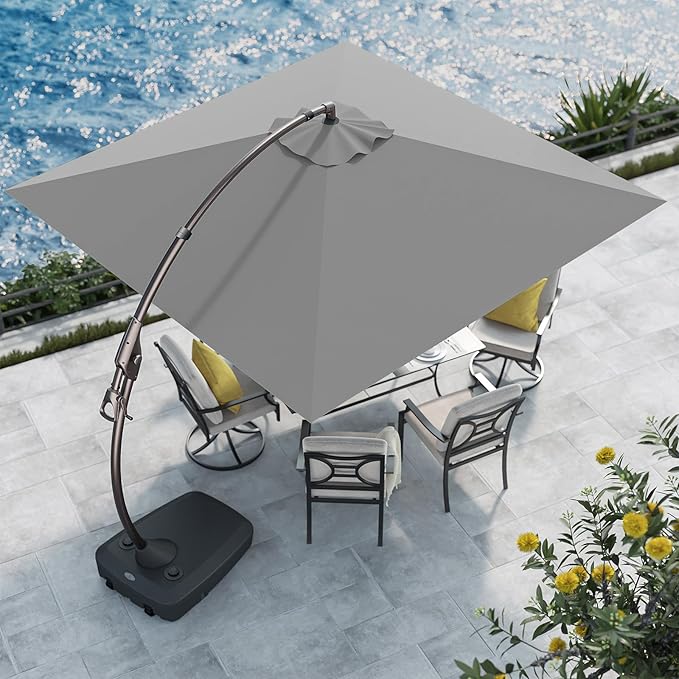 Grand patio 10x10 FT Patio Cantilever Umbrella with Base Outdoor Large Square Tilting Offset Umbrellas for Deck Backyard (Gray, 10x10 FT) GrandPatio