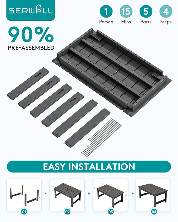 SERWALL Outdoor Coffee Table with 9FT Umbrella, HDPE Patio Coffee Table for Outside, Rectangle, Gray(Not Include Umbrella Base) SERWALL