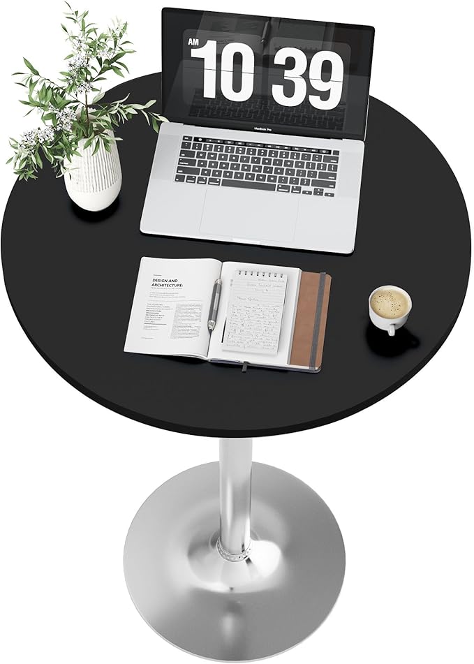 Flamaker Round Bistro Pub Table Modern Style Metal Base MDF Top Cocktail Bar Table Counter Bar Height for Pub, Dining Room, Party (1, Black-Silver) Flamaker