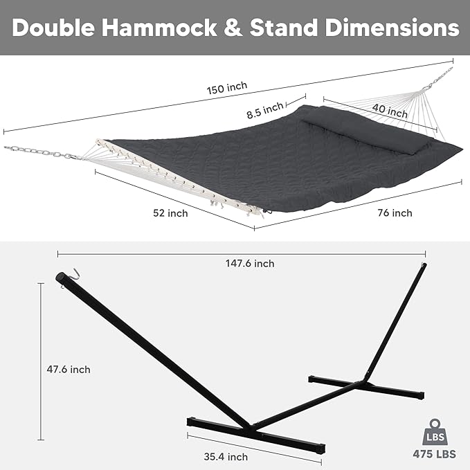 SUNCREAT Hammocks for Outside with Stand, Extra Large 2 Person Hammock with Stand, Dark Gray Drops SUNCREAT