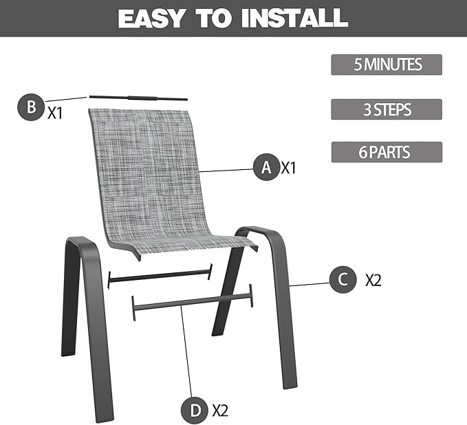 Patio Chairs Set of 6, Stackable Outdoor Dining Chairs for All Weather Textilene Fabric & Metal Frame, Outdoor Chairs Set for Backyard Deck Garden Vimstora
