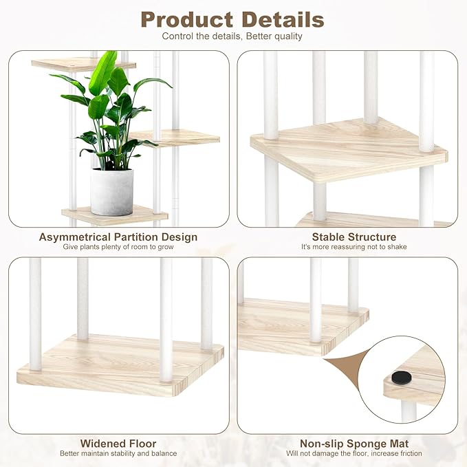 6 Tier Wood Tall Plant Stand Metal Rack Indoor, Multiple Flower Pot Holder Shelves Corner Rack, Planter Shelf Display Rack Storage Organizer for Patio Living Room Balcony Garden(White Oak) YOCOMEY