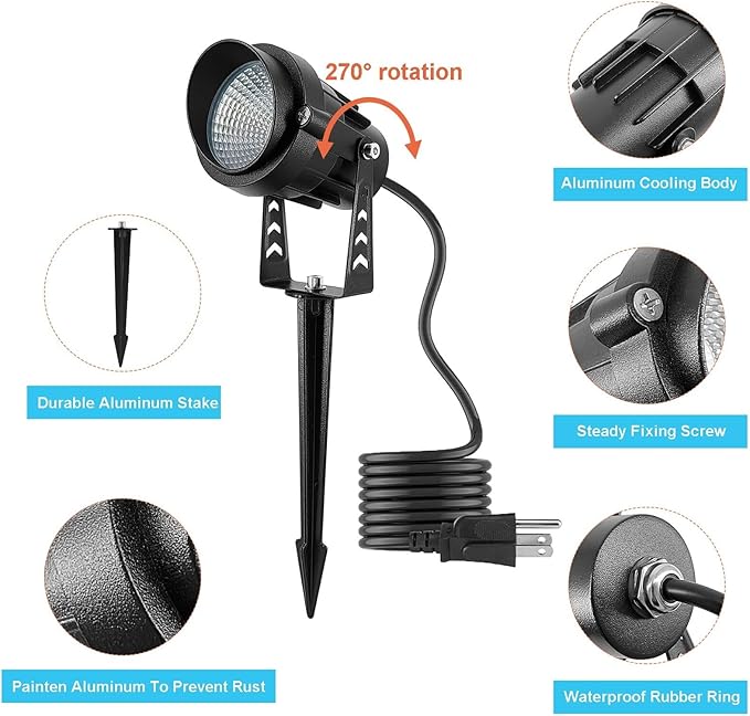 Warm White Spot lights Outdoor, 12W 3000K Landscape Spot Lights, IP65 Waterproof Garden Lighting, Metal Case COB LED Lights for Lawn Lamp US 3- Plug Yard Christmas Decoration with Stakes(2 Pack) kooplicht