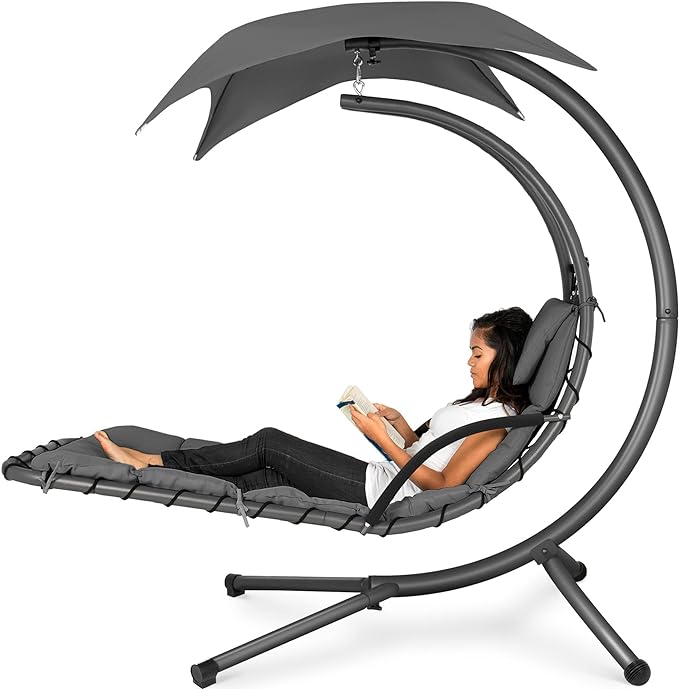Best Choice Products Outdoor Hanging Curved Steel Chaise Lounge Chair Swing w/Built-in Pillow and Removable Canopy - Charcoal Gray BestChoiceProducts