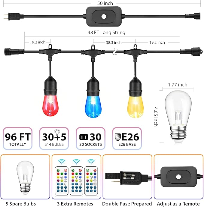 Mlambert 96Ft(2x48ft) Outdoor Patio Lights, RGB Dimmable Cafe String Lights with 30+5 Commercial Grade LED Edison Bulbs for Yard Balcony-Black 2 Pack Mlambert