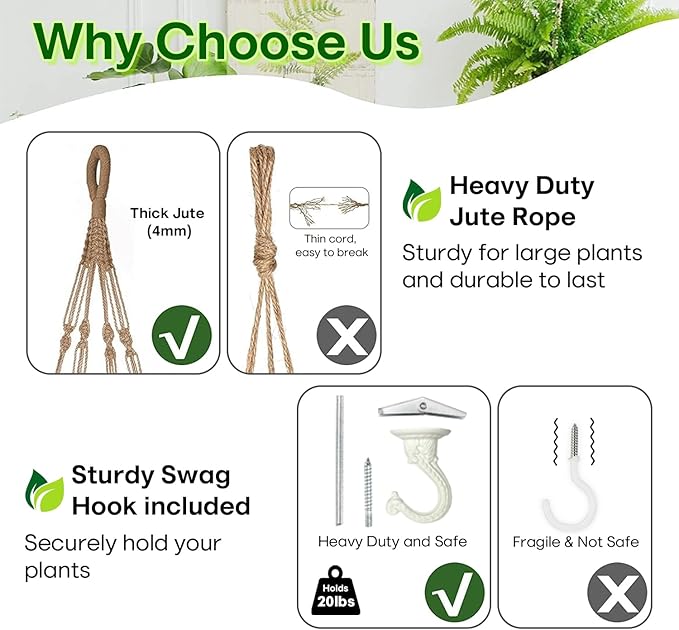 2PK 43 Inches Macrame Planter Hanger Large for 12 inch Pot + Swag Hook (Extra Long & Big) | Large Hanging Planter for Indoor Plants | No Tassel, Cotton Rope, NO Pot/Plant Included (Jute)(XL) Shineloha
