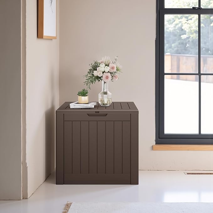 JUMMICO 42 Gallon Deck Box Waterproof, Resin Outdoor Storage Box with Side Handles, Outdoor Storage Benches Lockable for Patio Cushions and Garden Tools (Brown) JUMMICO