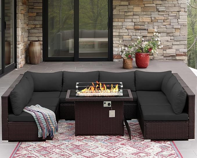 NICESOUL 9 Piece Extra Large Outdoor Patio Furniture Set with Fire Pit Natural Gas/Propane, 29.3 High Back Modular Sectional Couch Sets, Deep Seat Conversation Set, Brown Rattan and Dark Grey Cushion NICESOUL