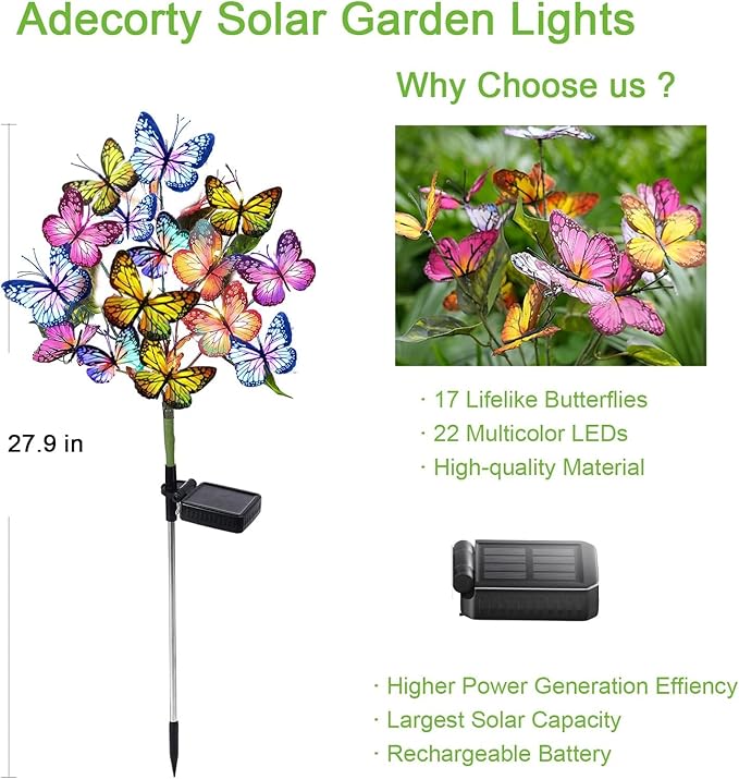 Solar Garden Lights Outdoor Waterproof Decorative Solar Lights Outdoor 8 Pack with 176 LED 136 Butterfly Flower Garden Decor Yard Decorations Patio Lawn, Gifts for Mother's Day Mom Women Adecorty