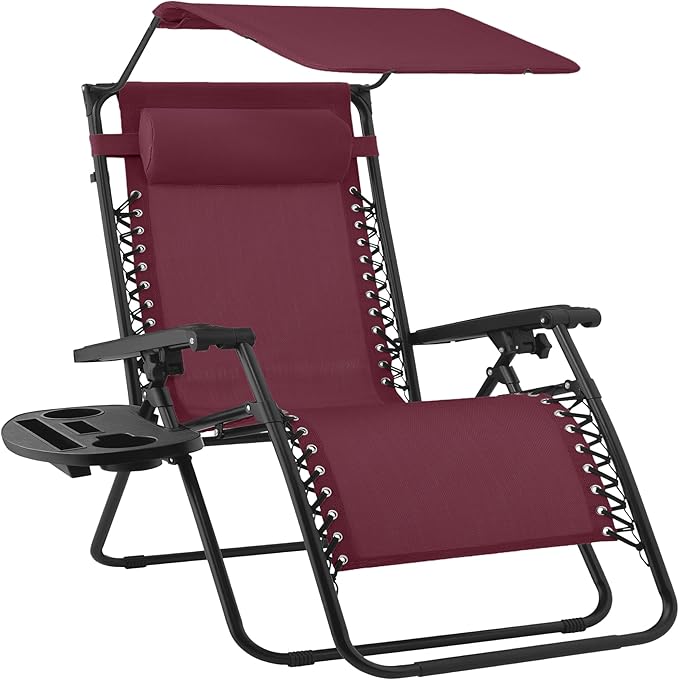 Best Choice Products 30” Wide Folding Zero Gravity Outdoor Recliner Patio Lounge Chair w/Adjustable Canopy Shade, Headrest, Side Accessory Tray - Burgundy BestChoiceProducts