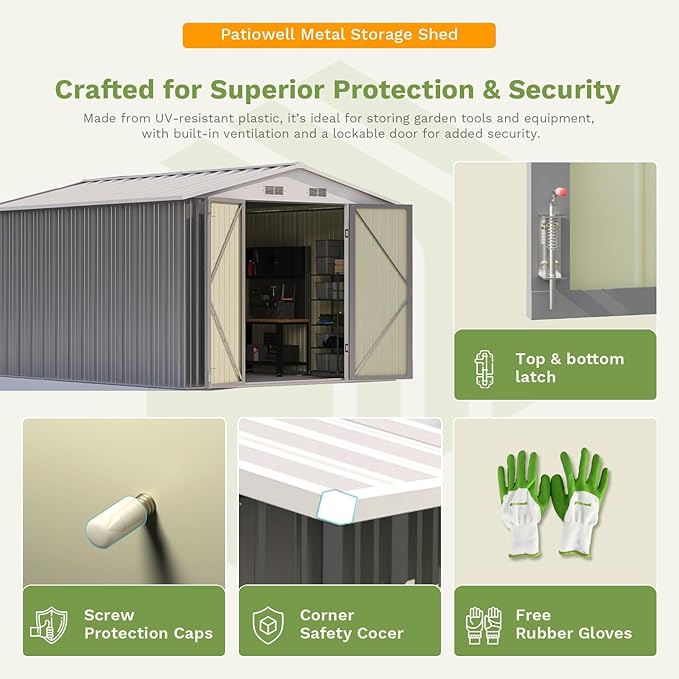 Patiowell 10 x 12 FT Metal Storage Shed for Outdoor, Steel Yard Shed with Design of Lockable Doors, Utility and Tool Storage for Garden, Backyard, Patio, Outside use, Gray Patiowell