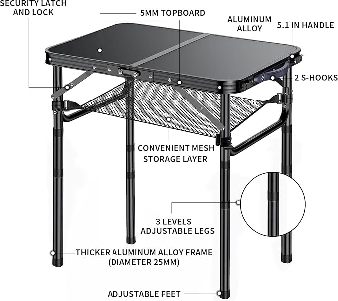 Outdoor Side Table, Portable 3 Adjustable Height Small Outdoor Folding Table, Aluminum Foldable Patio Side Tables for Outside Indoor, Plant Stand Coffee End Table for Pool, Porch,Garden(Black) Yriuat