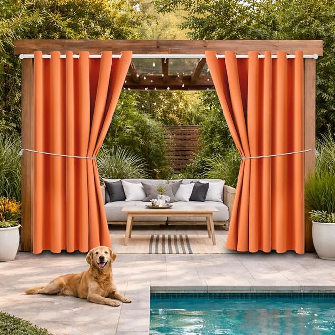 Waterproof Outdoor Curtain W84 x L120 - Grommet Top Sunlight Blocking Window Treatment Drapes Blackout Curtains for Home Bedroom Living Room Patio Pergola Cabana Gazebo (Orange, 2 Panels) DivaenCamino