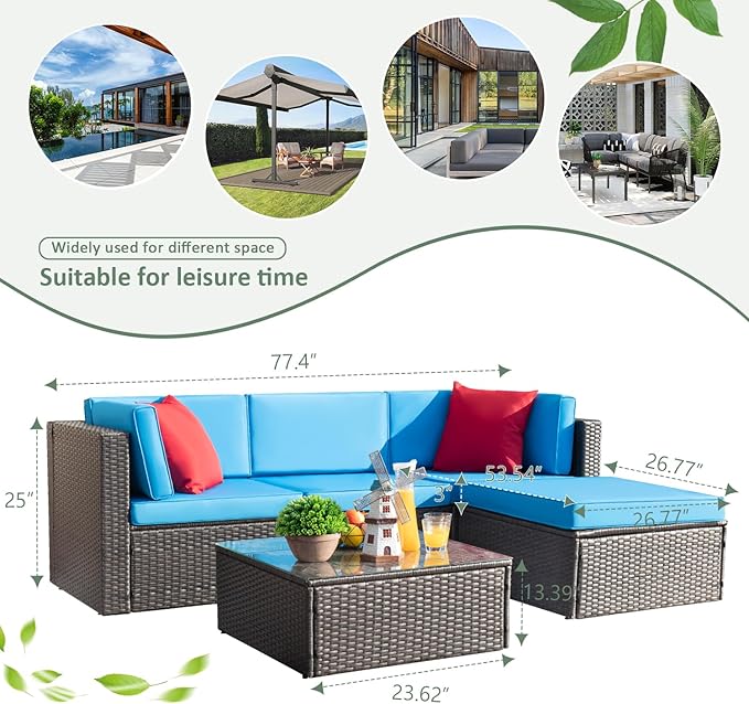 Devoko 5 Pieces Patio Furniture Sets All Weather Outdoor Sectional Patio Sofa Manual Weaving Wicker Rattan Patio Seating Sofas with Cushion and Glass Table (Blue) DEVOKO