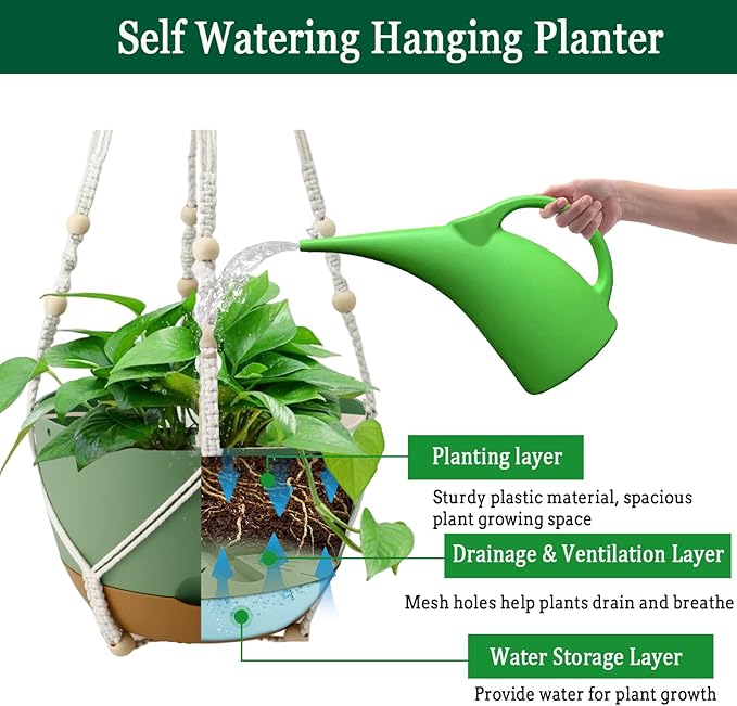 Hanging Planter Self Watering 10 Inch, 2 Pack Indoor Outdoor Hanging Baskets, Hanging Flower Pots with Drainage Hole & 2 Kinds of Plant Hangers for Garden Home Decor(Green)… Koalaime