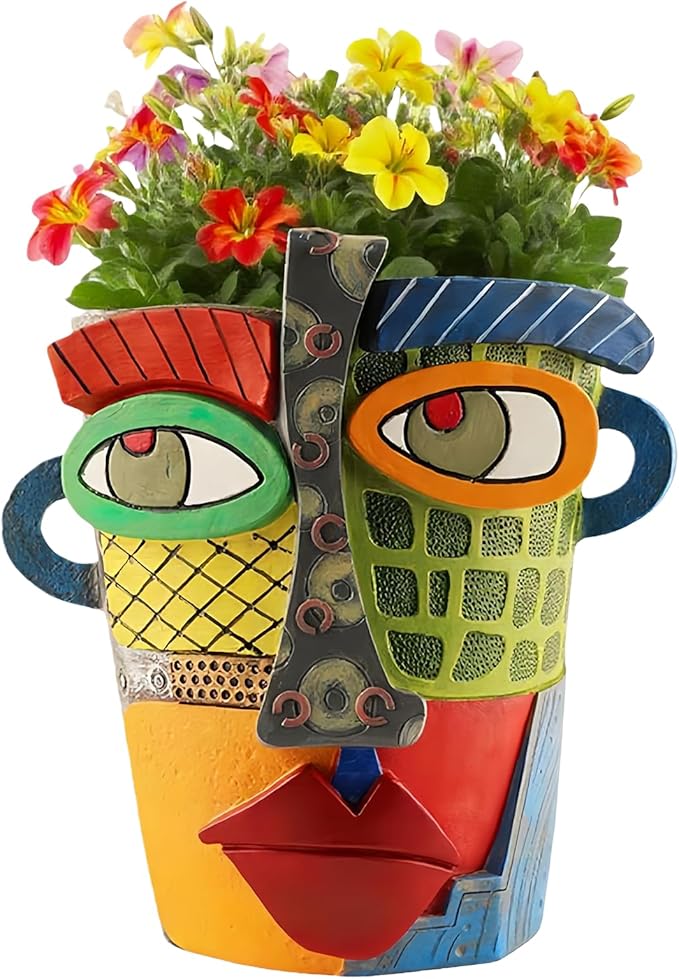 Picasso Abstract Face Flower Pot,Unique Resin Crafted Planter with Drainage Holes,Interesting Colorful Planter with Human face,for Indoor and Outdoor Botanical Home décor (Modern) Rootora