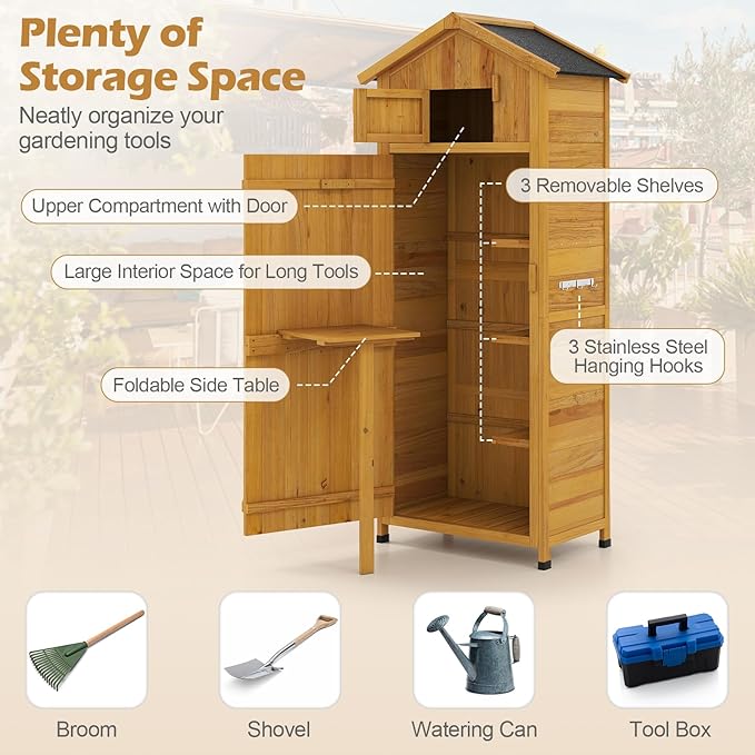 Goplus All-in-One Storage Shed, 70" Tall Wooden Lockable Cabinet w/Foldable Work Table, Vertical Utility Tool Organizer w/Shelves & Hooks, Waterproof Garden Shed for Patio Backyard (Natural) Goplus