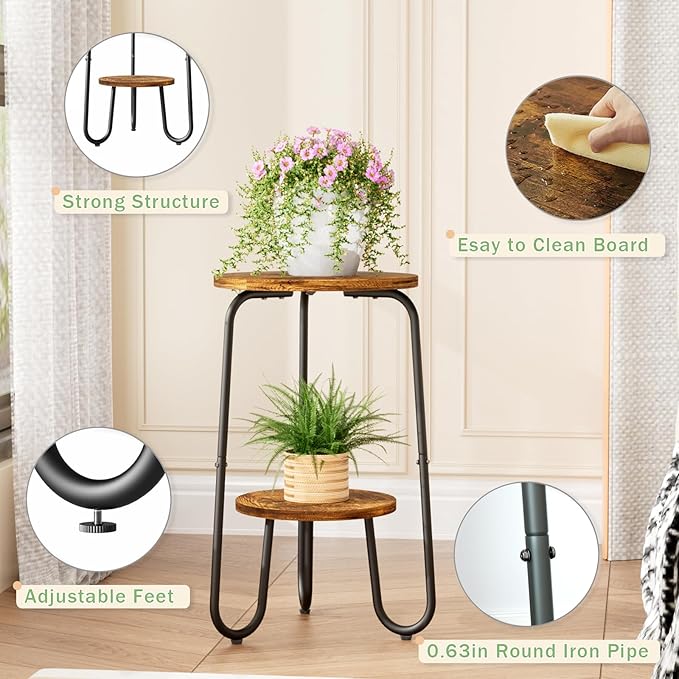 2 Tier Wood Plant Stand Indoor, Small Round Flower Pot Stand, 19.6" Tall Single Plant Holder for Living Room, Balcony, Rustic Brown End Side Table（2 packs） REFGY