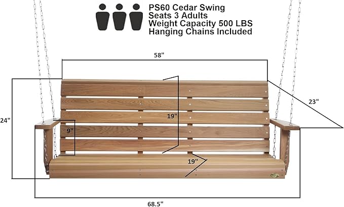 All Things Cedar PS60-SW10 Porch Swing | 5Ft Outdoor Furniture & Patio Swing | Handcrafted Western Red Cedar | Comfort Springs, Easy Assembly, Sustainable Outdoor Bench 68.5x23x24 AllThingsCedar