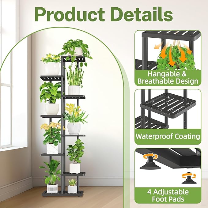 iDavosic.ly Plant Stand Indoor Outdoor, 7-Tier Tall Metal Flower Shelf for Heavy-Duty Large Planters, Corner Orchid Display Rack for Living Room Balcony Patio Porch, Space Saving, Modern Black iDavosicly