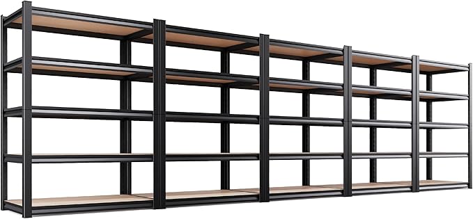 AOAORRG Set of 5 Garage Shelving Heavy Duty Storage Shelves, Metal Adjustable Shelving Unit, Utility Garage Organizer Shelf for Basement, Pantry, Kitchen, Warehouse, 45.6" Wx17.7 Dx71.2 H, Black Rootora