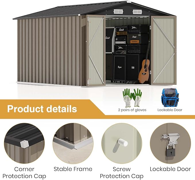 Patiowell 12 x 8 FT Outdoor Storage Shed, Steel Shed Storage House with Design of Lockable Doors, Utility and Tool Storage for Garden, Patio, Backyard, Outside use, Brown Patiowell