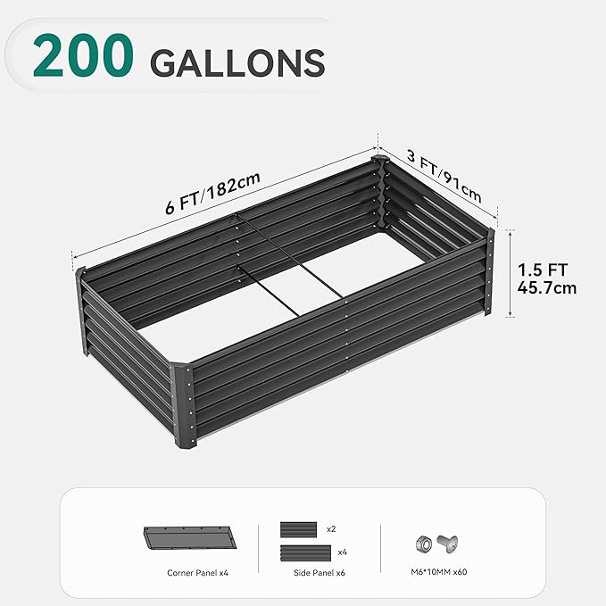 YITAHOME 6x3x1.5 2pcs Large Raised Garden Bed Kit, Galvanized Metal Planter Box with Gloves, Ground Nails, Support Rod, Outdoor Above Ground Planters for Plants Vegetables Flowers, Black YITAHOME
