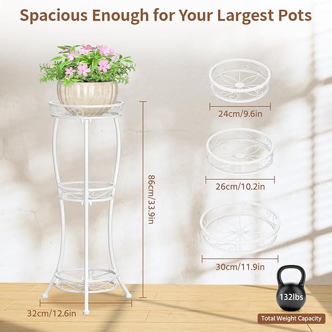 LASZOLA White 3 Tier Tall Plant Stand for Indoor Outdoor, Large Multiple Level Flower Planter Holder Organizer Rack for Patio Office Bathroom Corner Floor, Sturdy Heavy Duty Metal, Vertical Display LASZOLA