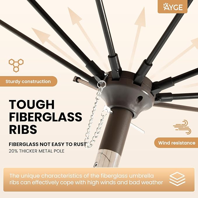Ayge 9FT Large Outdoor Patio Umbrella Market Table Umbrella-UV Resistant, Easy Push Button Tilt and Crank, 8 Sturdy Fiberglass Ribs Heavy-Duty Pool Umbrella for Deck, Backyard,Garden,White AYGE
