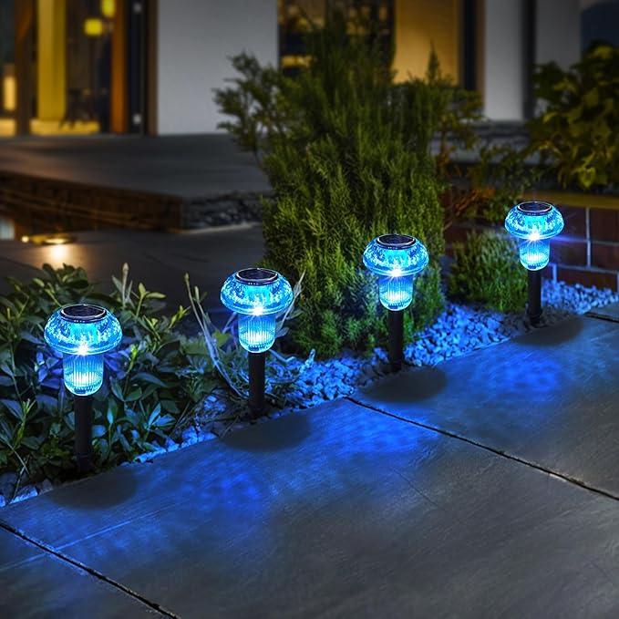Easter Solar Pathway Lights Outdoor Decorative 4 Pack, Blue LED Mushroom Solar Lights Outdoor Waterproof Solar Powered Decor for Yard Driveway Patio, Valentines Day Halloween Christmas Garden Decor COZYPAVILION