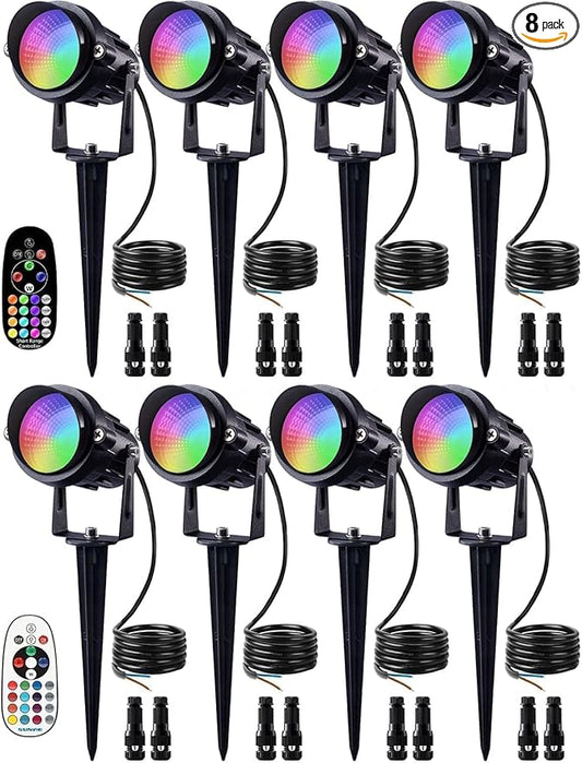 SUNVIE Christmas 12W RGB Color Changing Landscape Lights Low Voltage LED Landscape Lighting Remote Control Spotlight Waterproof Garden Pathway Christmas Decoration Outdoor, 8 Pack with Connector SUNVIE