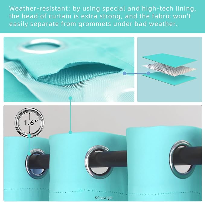 Water Proof Outside Curtains with Grommet Top for Porch, W52 x L120 Thermal Insulated Washable Outdoor Divider Drapes for Patio Gazebo Deck Pool Area Pergola Cabana (Teal Blue, 2 Panels) DivaenCamino