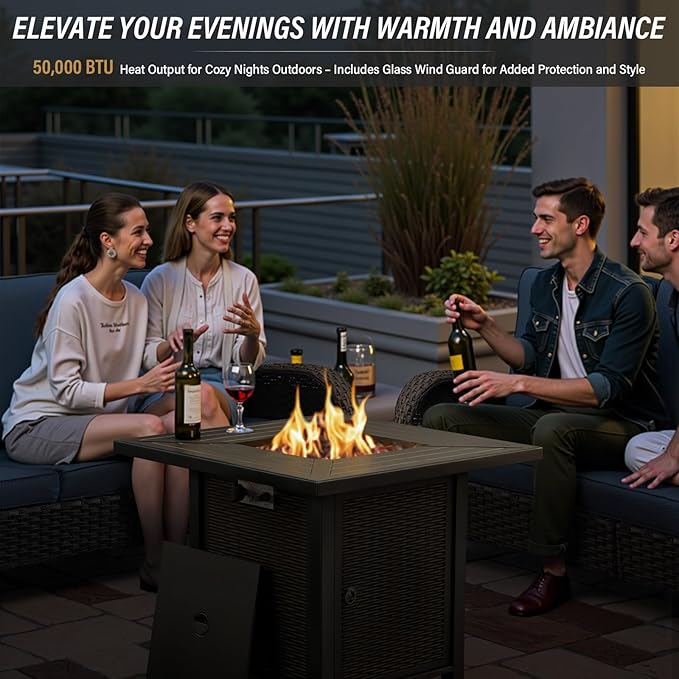 Belord 5 Piece Wicker Patio Furniture Set with 30" Propane Fire Pit Table, Outdoor Swivel Recliner Chairs with Adjustable Backrest & Footrest for Patio Conversation and Backyard Gathering Belord
