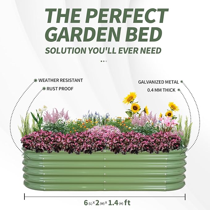 1MORE Galvanized Raised Garden Bed- Planter Garden Boxes Outdoor, Raised Beds for Gardening, 6x2x1.4ft Metal Garden Bed Kit for Vegetables Flower, Planter Raised Bed with Protective Tape & Tools.Green 1MORE