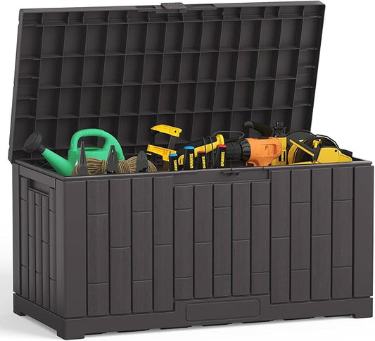 NEWBULIG 60 Gallon Deck Box, Waterproof Outdoor Storage Box with Lockable Lid, Patio Furniture Bench & Side Table, Outside Storage Container, Tool-Free Assembly, for Garden, Pool, Brown NEWBULIG