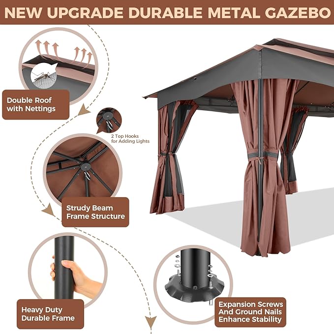 COBIZI Gazebo 12x20 Heavy Duty Gazebos with Curtain and Netting Outdoor Gazebo Canopy Double Roof Patio Gazebos with Metal Steel Frame for Patio, Deck, Backyard-Brown COBIZI