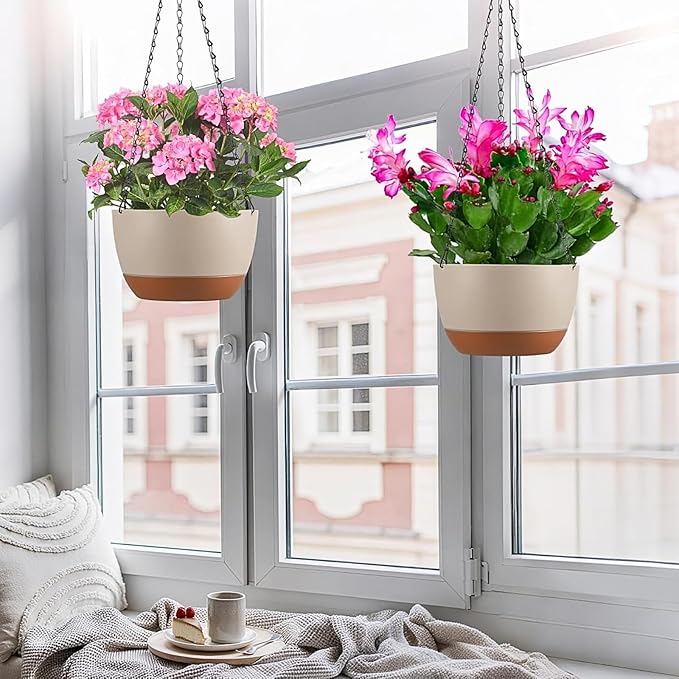 Hanging Planters for Indoor Plants, Set of 2 8/10 Inch Self-Watering Hanging Pots with Drainage Hole & Removable Water-Storage Tray II Screw-in Hooks Rootora